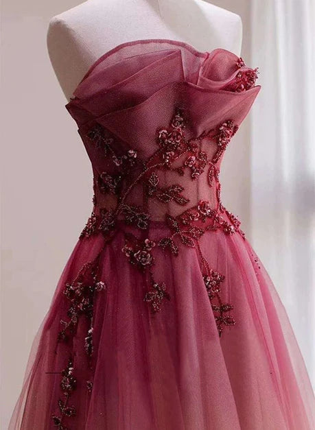 Red Gradient Prom Dress Vintage Wedding Dress Red Strapless Party Dress with Beaded Bridal Dress cg23240