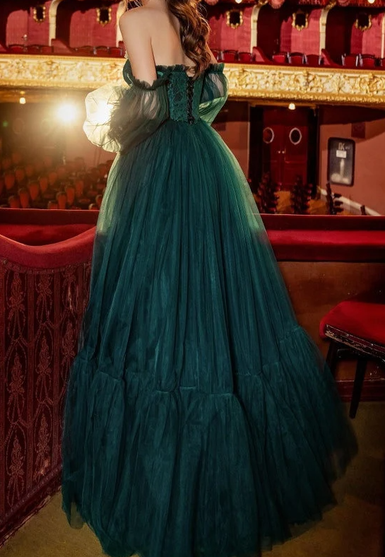 Pretty Green Lace Prom Dresses Puff Long Sleeves Off The Shoulder Lace Appliques Tulle Ball Gown cg24134