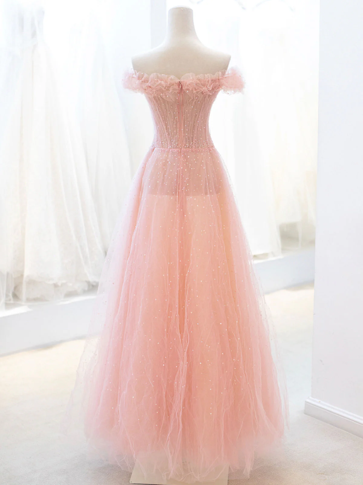 Pink Tulle Sequins Long Prom Dress, A-Line Lovely Evening Party Dress cg25118