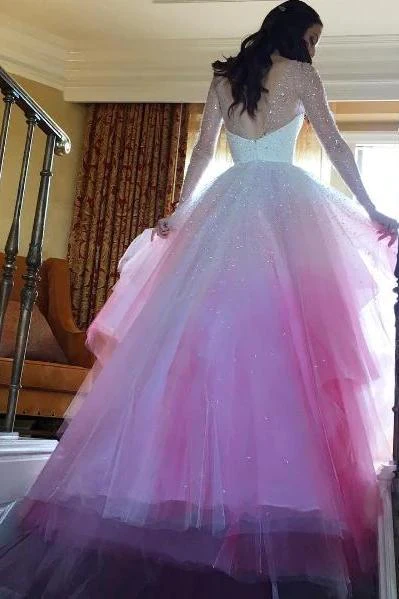 Sparkly Beading Long Sleeve Ombre Wedding Dresses With Layered Bridal prom Gown cg13775