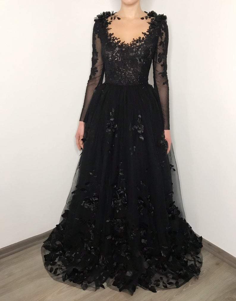 Black floral gothic wedding dress, black flower tulle lace dress, alternative bridal gown prom dress long formal gowns cg19132