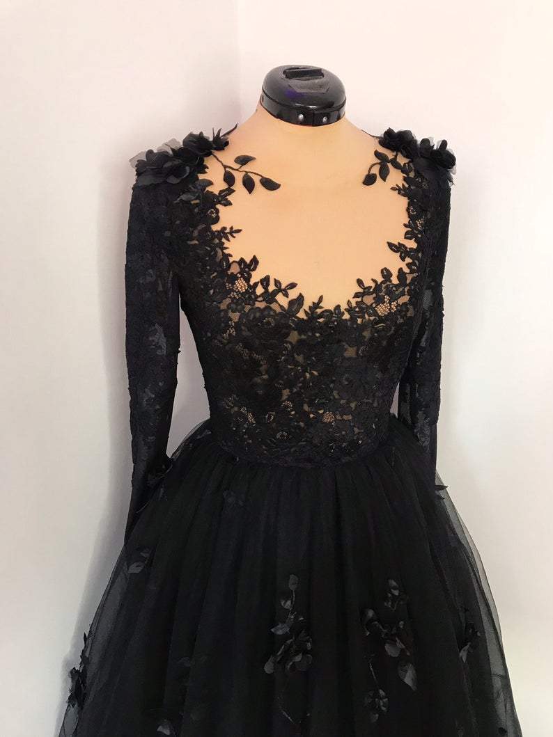 Black floral gothic wedding dress, black flower tulle lace dress, alternative bridal gown prom dress long formal gowns cg19132