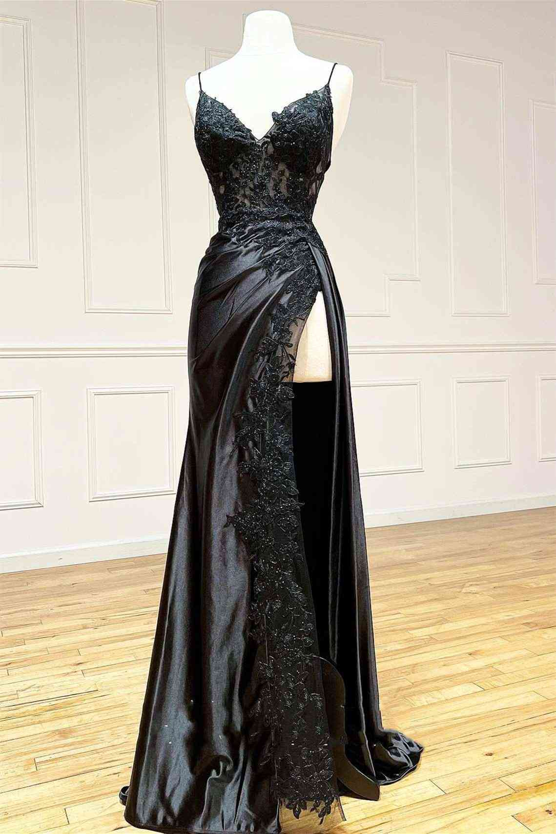 Black Long Appliques Prom Dress with Spaghetti Straps cg24993