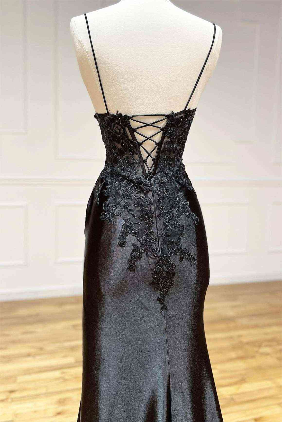 Black Long Appliques Prom Dress with Spaghetti Straps cg24993