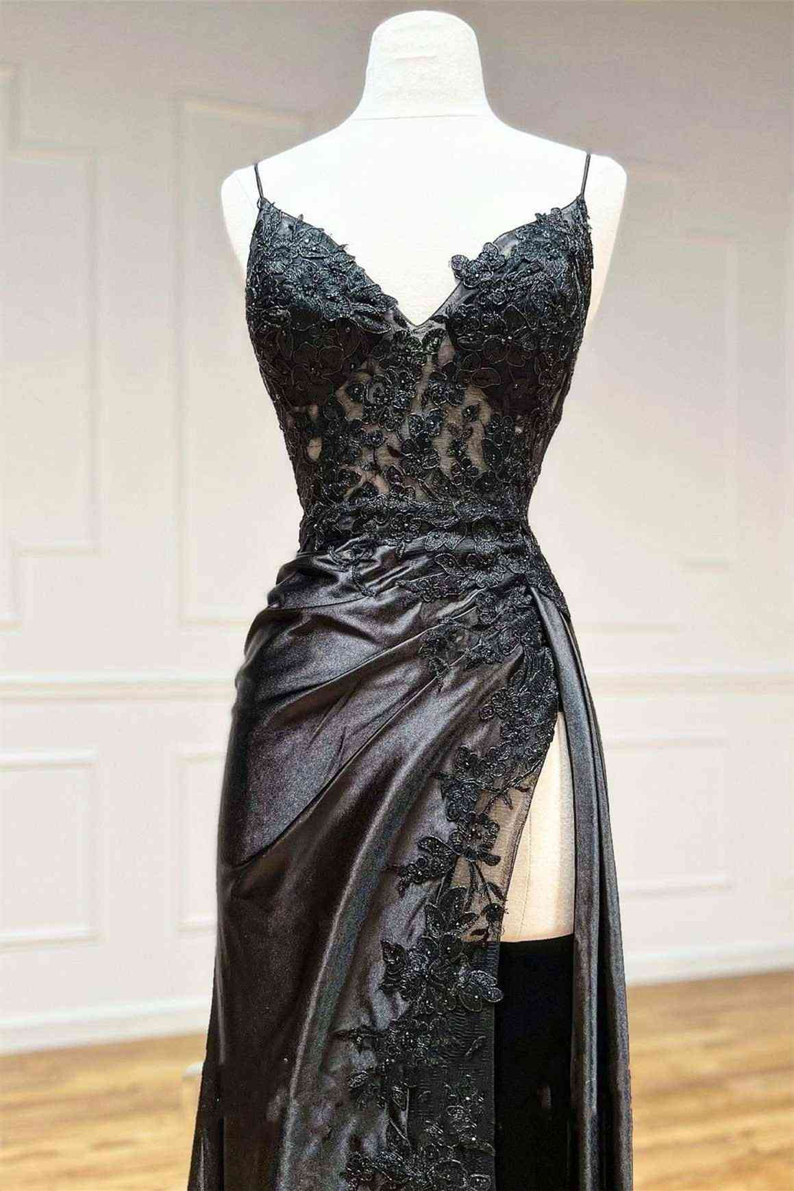 Black Long Appliques Prom Dress with Spaghetti Straps cg24993