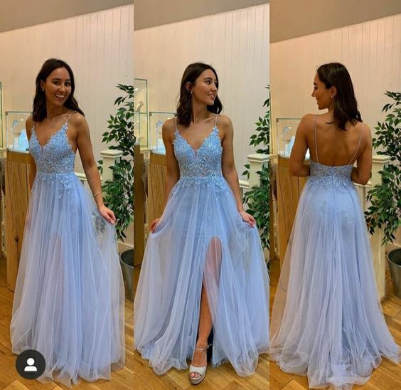 Charming Sexy Spaghetti Straps Evening Party Dress,Blue Appliques Long Prom Dress cg10522