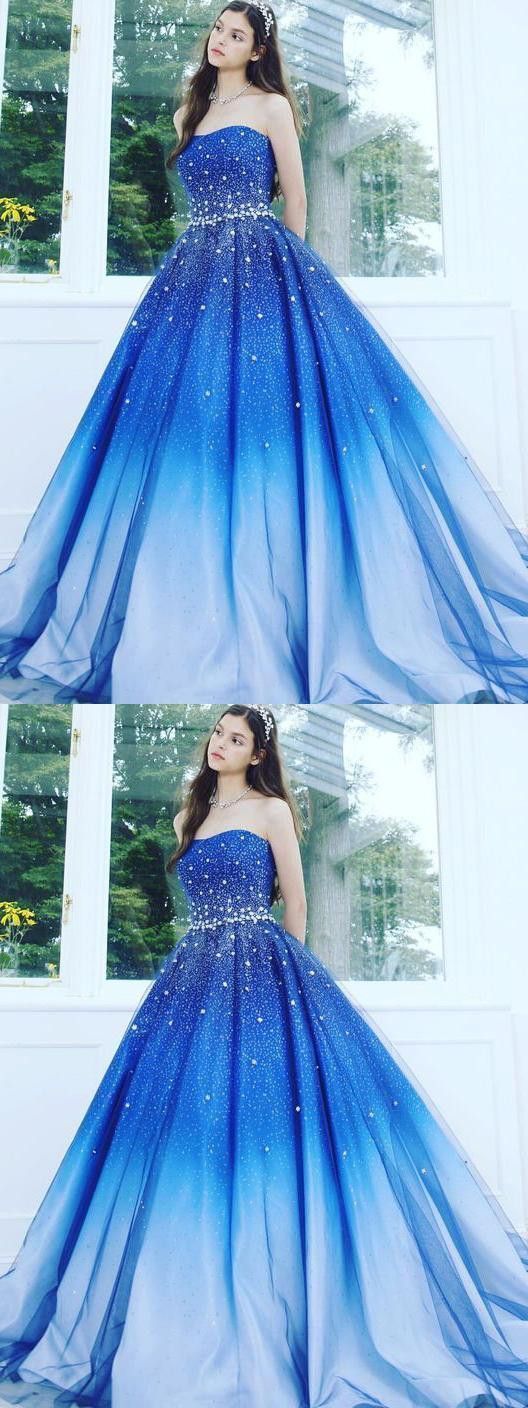 A Line Blue Strapless Sweetheart Ombre Sweep Train Ball Gown Beads Tulle Prom Dresses cg1063