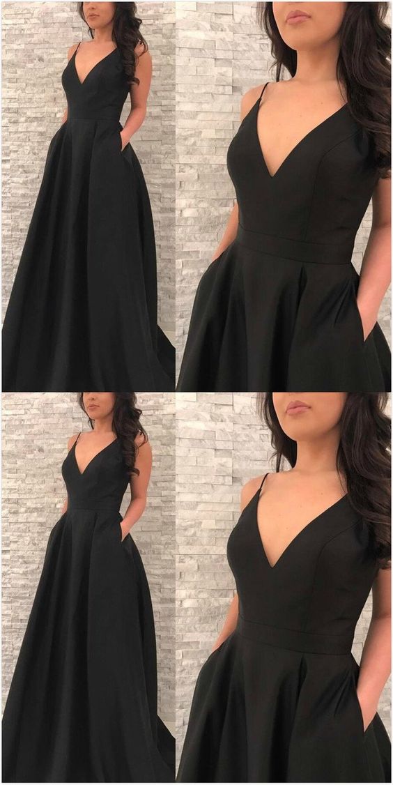 Black Prom Dress,Cheap prom Dress,V Neck Prom Dress,Long Prom Dress Graduation Dress, Elegant Prom Dress with Pockets cg1078