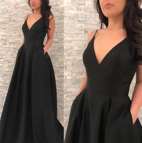 Black Prom Dress,Cheap prom Dress,V Neck Prom Dress,Long Prom Dress Graduation Dress, Elegant Prom Dress with Pockets cg1078