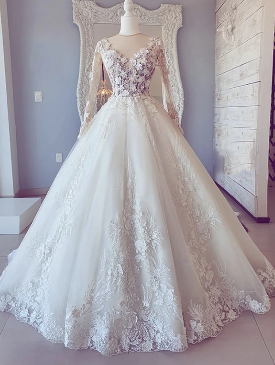 White lace long sleeve ball gown prom dress wedding dress cg11015