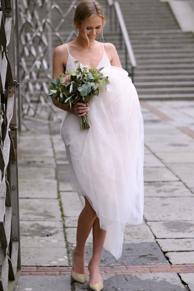 Simple v neck tulle white long wedding dress white bridal prom dress cg11115