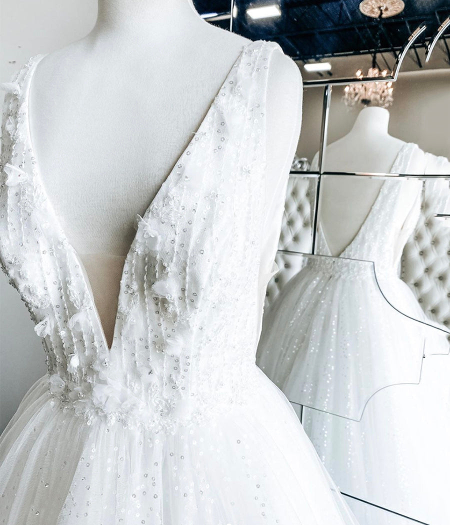 WHITE V NECK TULLE LACE LONG PROM GOWN WEDDING DRESS cg11618