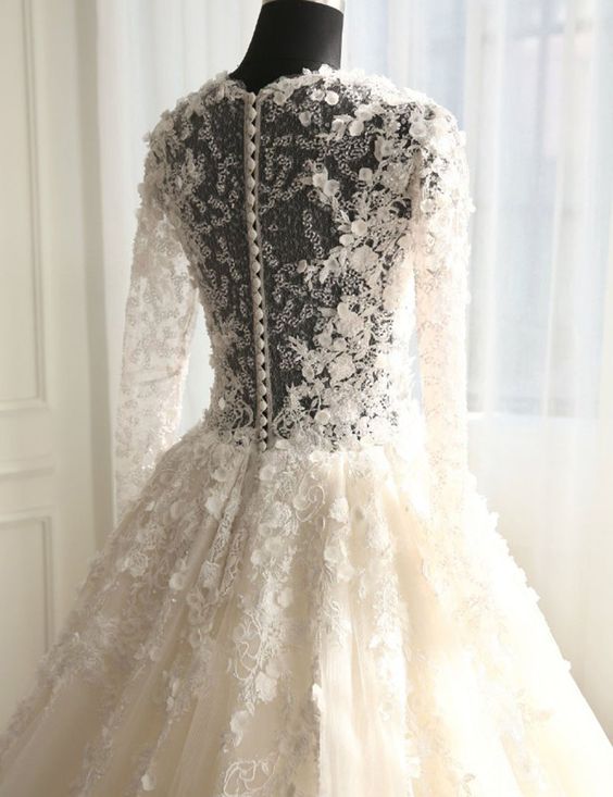 White organza lace long sleeves see-through A-line long dresses,wedding dresses Prom Dresses cg11748