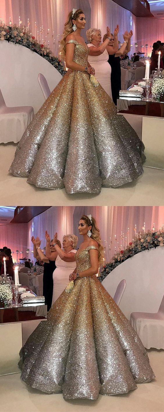 Gorgeous V neck Sequins Gold Formal Quinceanera Dress, Ball Gown Wedding Dress Prom Dress cg11842