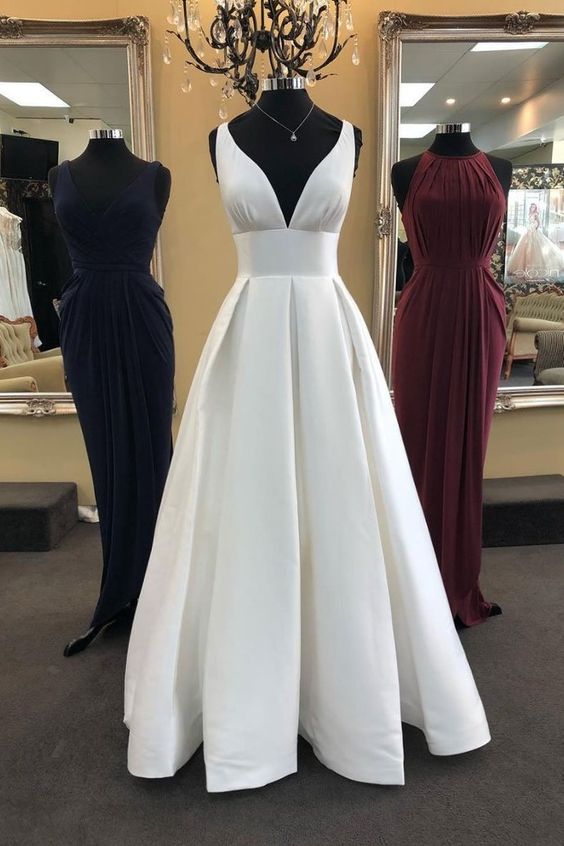 WHITE V NECK SATIN LONG PROM DRESS, WHITE EVENING cg1186