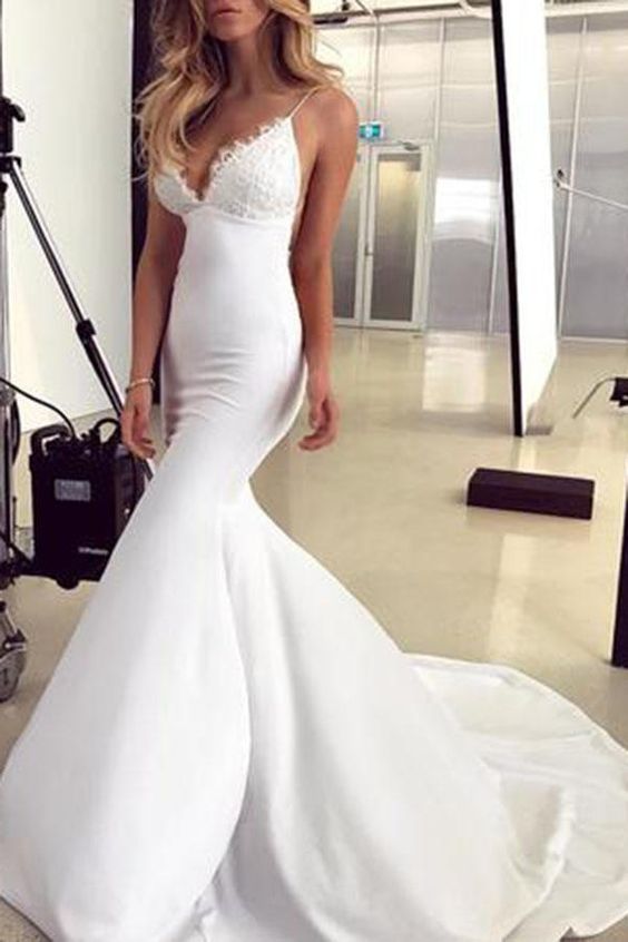 Elegant Lace Appliques V-Neck Backless White Sweetheart Spaghetti Straps Mermaid Wedding Dress Prom Dresses cg11876