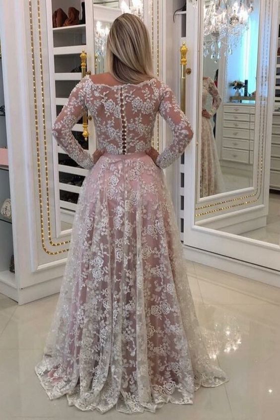 A Line Floor Length Off Shoulder Long Sleeve Lace Prom Dress,Party Dress cg12085