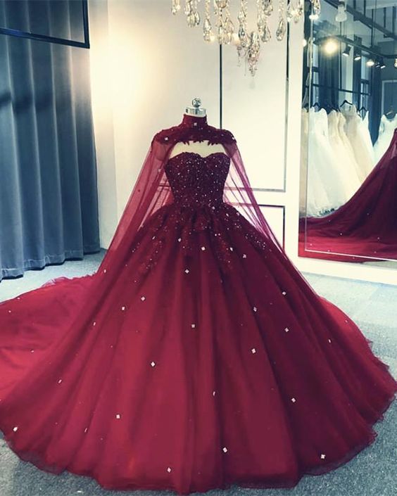 Tulle Ball Gown Wedding Dress With Cape Prom Dresses, Evening Dresses cg12137