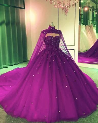 Tulle Ball Gown Wedding Dress With Cape Prom Dresses, Evening Dresses cg12137