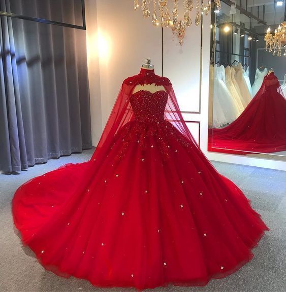 Tulle Ball Gown Wedding Dress With Cape Prom Dresses, Evening Dresses cg12137