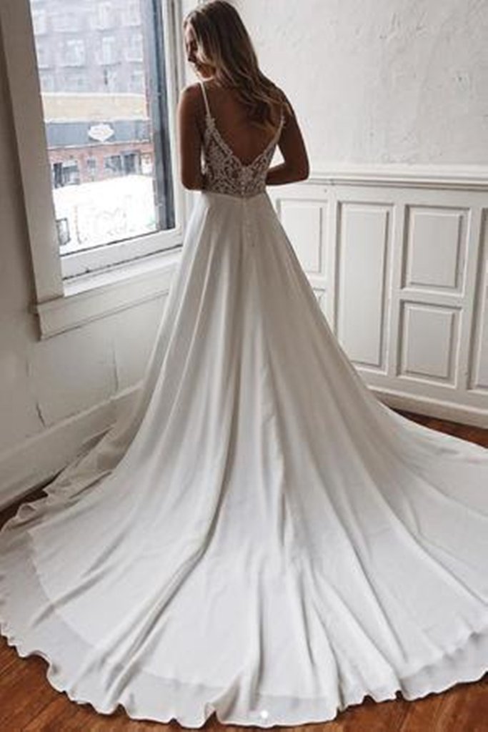 Elegant V Neck White Satin Long Wedding Dress with Lace Back, V Neck White Prom Formal Evening Dress cg12252