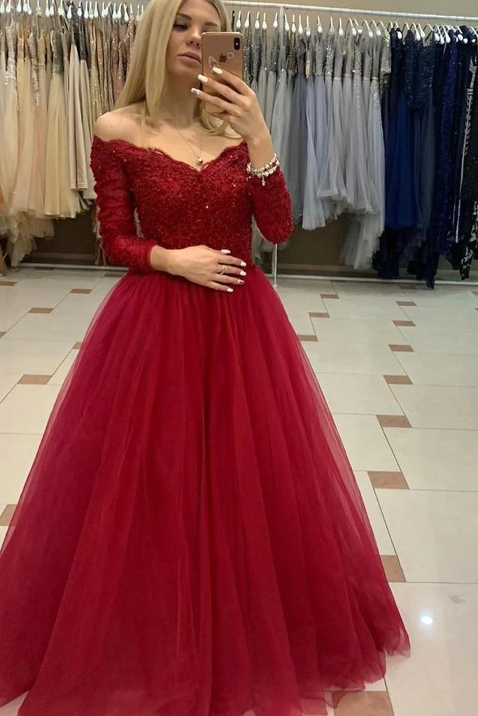 Off Shoulder Long Sleeves Burgundy Lace Prom Dresses cg12372