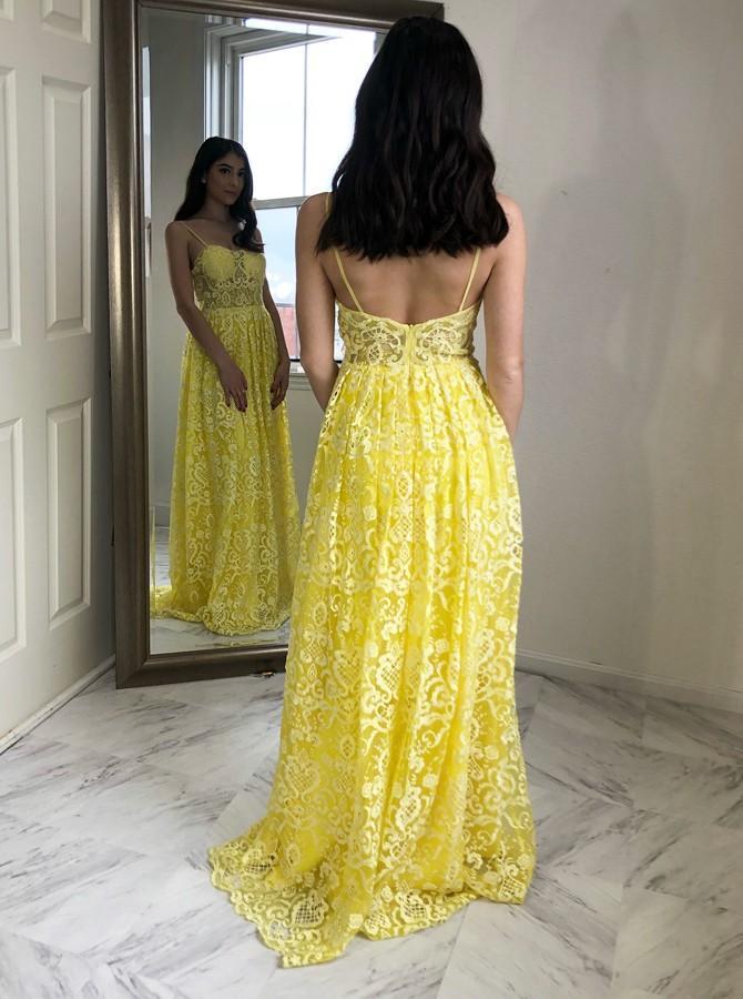 Charming A-Line Spaghetti Straps Floor-Length Yellow Lace Prom Dress cg12625