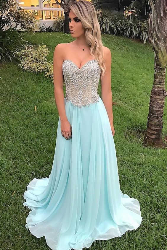 Sweetheart Light Sky Blue Sweep Train Prom Dress with Beading cg12902