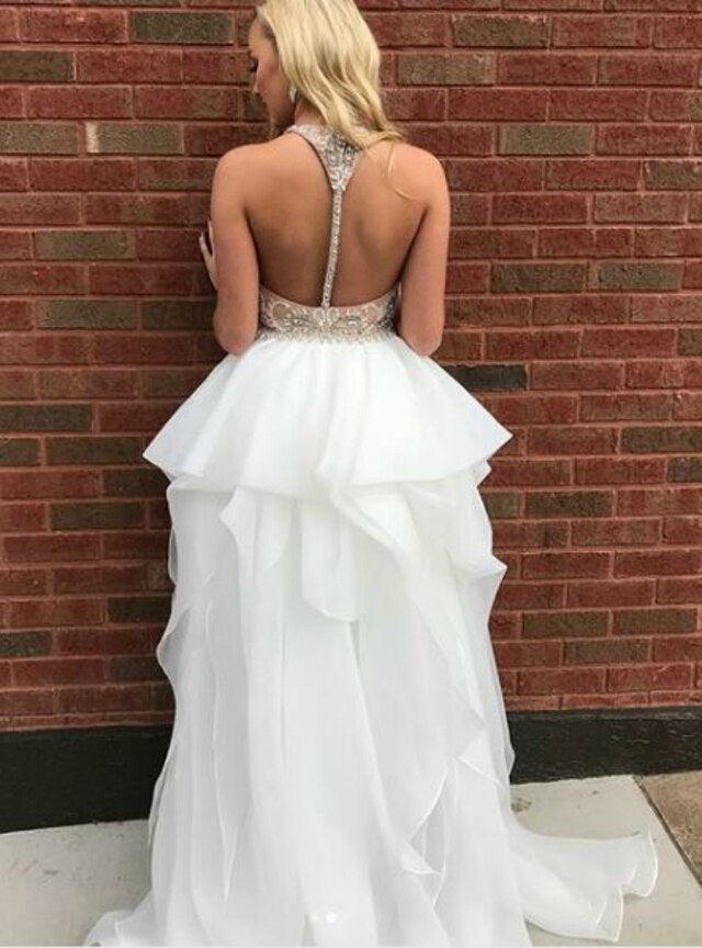 Sexy Hi Lo Spaghetti Straps Organza Backless Prom Dress With Beading cg12919