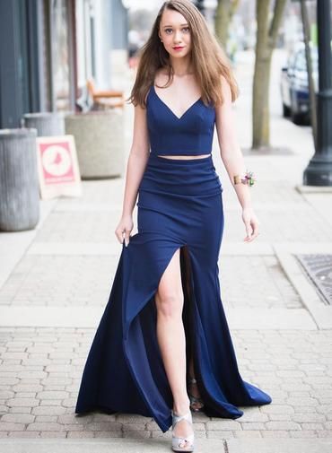 Navy Blue Satin Two Pieces Long Slit Prom Dress cg13045