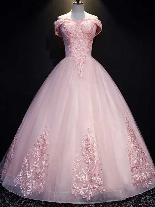 Pink Ball Gown Long Tulle Party Dress, Off Shoulder Prom Dress cg13082