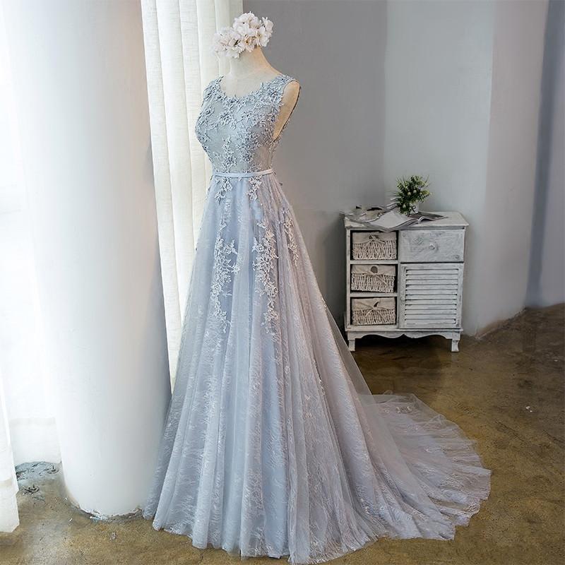 Beautiful Light Grey Tulle Backless Long Party Dress, A-Line Junior Prom Dress cg13177
