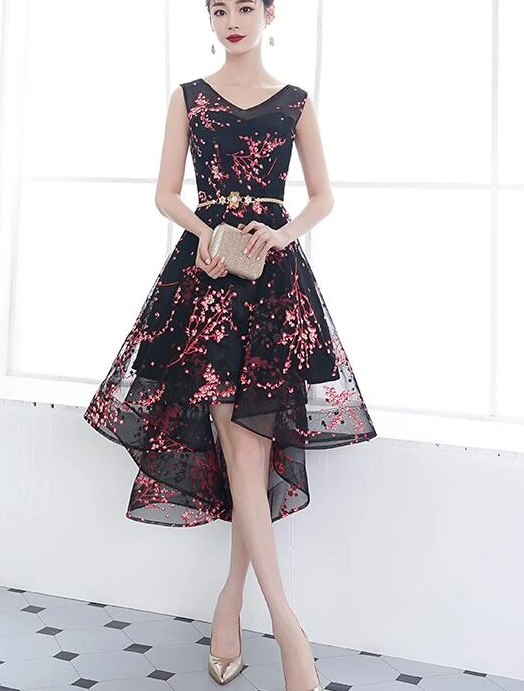 Adorable Black Floral High Low Homecoming Dress cg13256