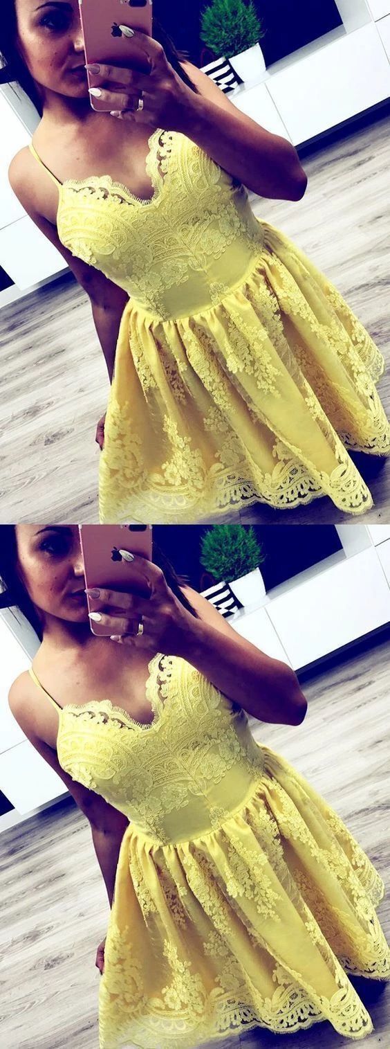Spaghetti Straps Yellow Lace Short Homecoming Dress cg13278