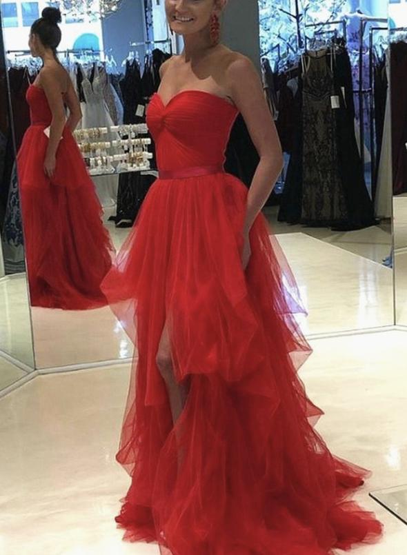 Red tulle long A line prom dress red evening dress cg13279