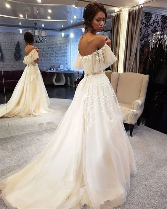 Charming Off Shoulder Lace Top Wedding Dress, Tulle A-Line Applique Prom Dress cg13298