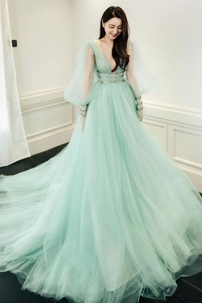 GREEN V NECK TULLE LONG PROM DRESS GREEN EVENING DRESS cg13304