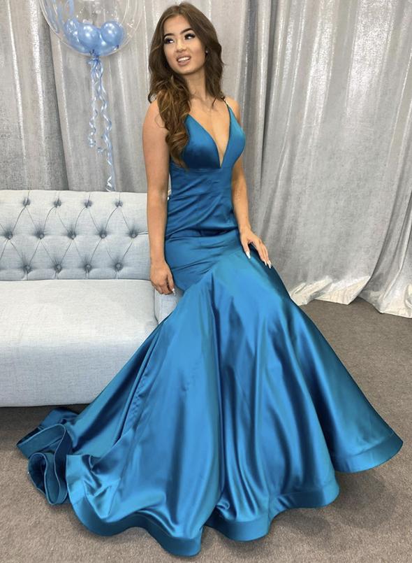 Blue satin long prom dress blue evening dress cg13365