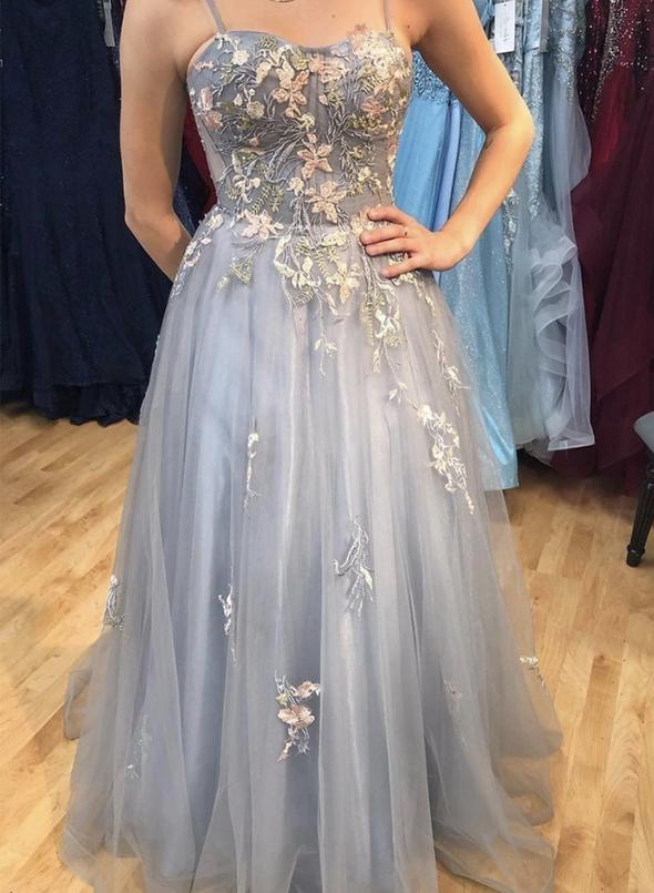 Gray tulle lace long prom dress gray evening dress cg13366