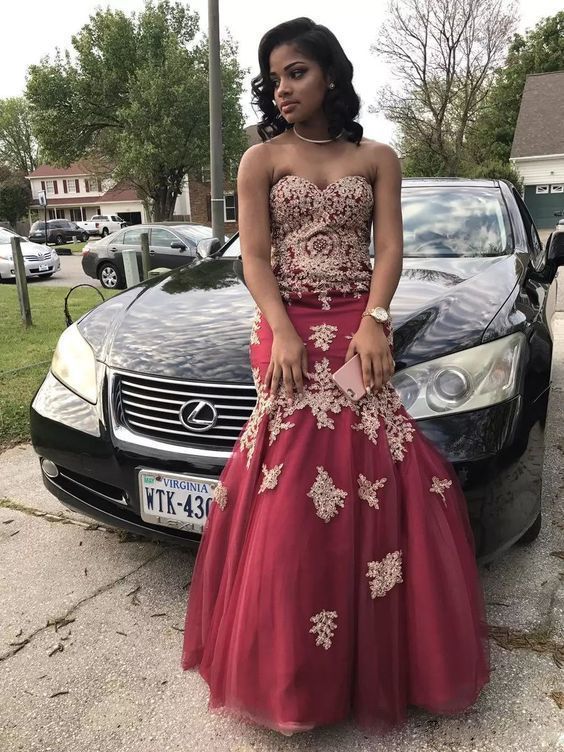 African Burgundy Prom Dresses Tulle Mermaid Sweetheart Long Party Dress Beading Gold Appliques cg13384