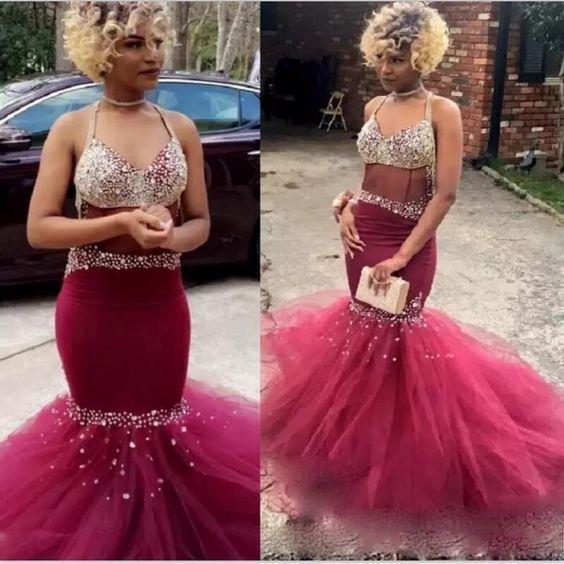 African Burgundy Prom Dresses Crystals See Through Tulle Formal Dress for Wedding Party cg13385