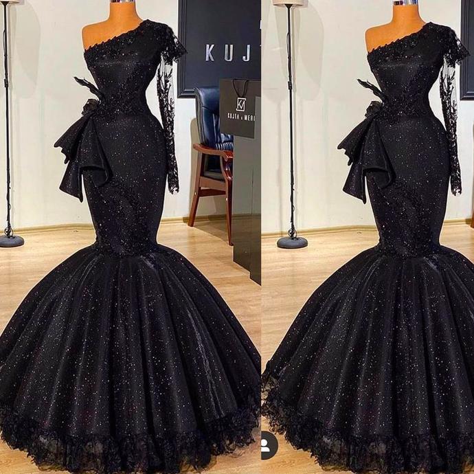 black prom dresses 2020 one shoulder long sleeve lace sequins sparkly bow mermaid long evening dresses gowns cg13524