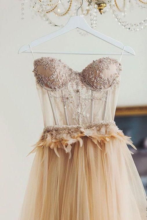 CHAMPAGNE SWEETHEART LACE TULLE LONG PROM DRESS, TULLE EVENING DRESS cg13556