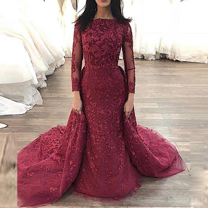 Arabic Long Sleeves Mermaid Lace Evening Dresses 2020 with Detachable Train Appliques Jewel Neck Formal Prom Party Gowns cg13686