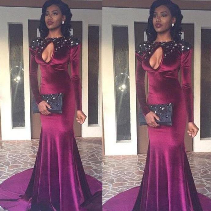 burgundy prom dresses 2020 keyhole crystal long sleeve mermaid court train velvet evening dresses cg13696