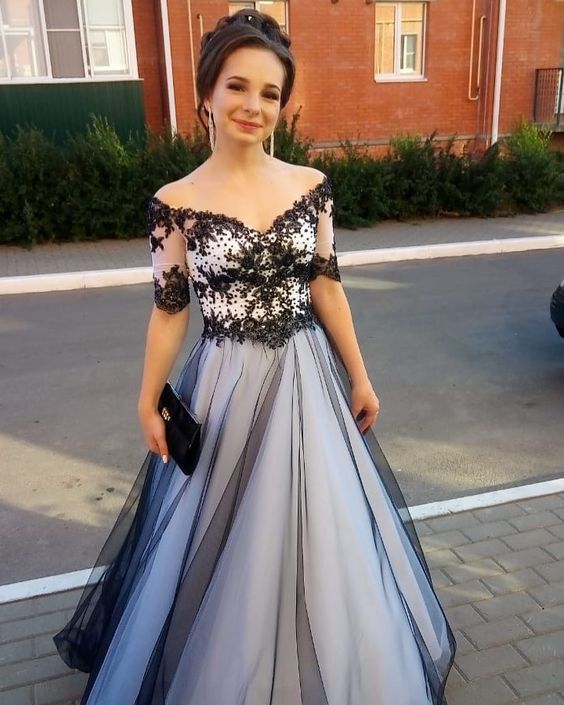 Black/White Prom Dress,Tulle Wedding Dresses,Off the Shoulder Prom Dresses,Appliques Prom Gown cg13790