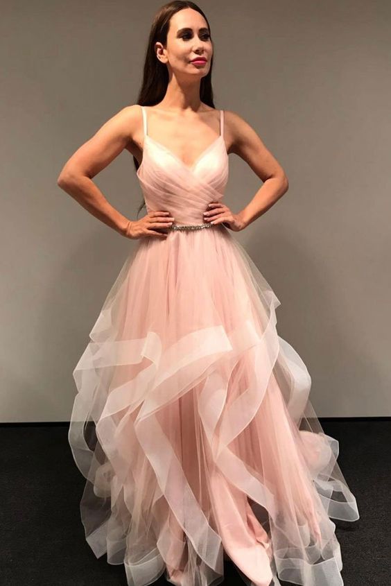 Pink V-Neck Tulle Long Prom Dress,Ruffled Beaded Waist Evening Dress cg13796