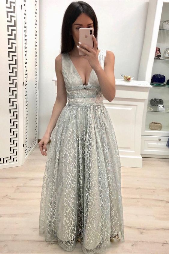 A Line V Neck Lace Prom Dresses, Cheap Long Evening Dress cg13981