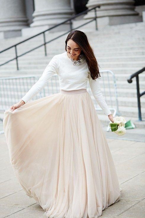 Simple Unique Long Sleeves Two Piece Wedding Dress with Nude Tulle Skirt prom dress cg14163