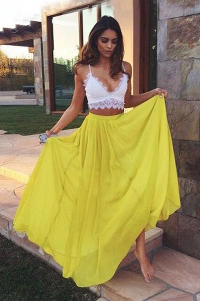 2 Piece Yellow Chiffon Sweetheart Lace Prom Dresses Long Evening Dresses cg14357